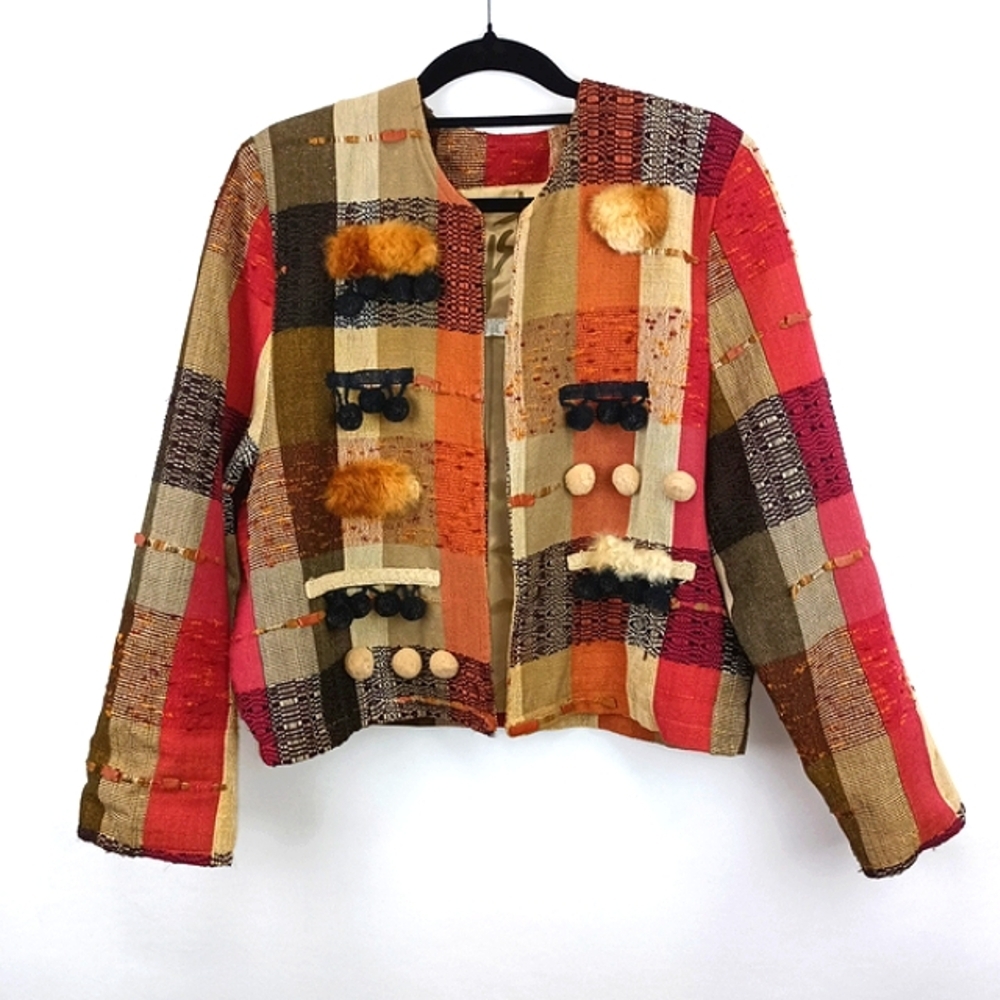 Crystal Vintage Handwoven Patchwork Women's Jacket w/ Leather & Fur Sz. M